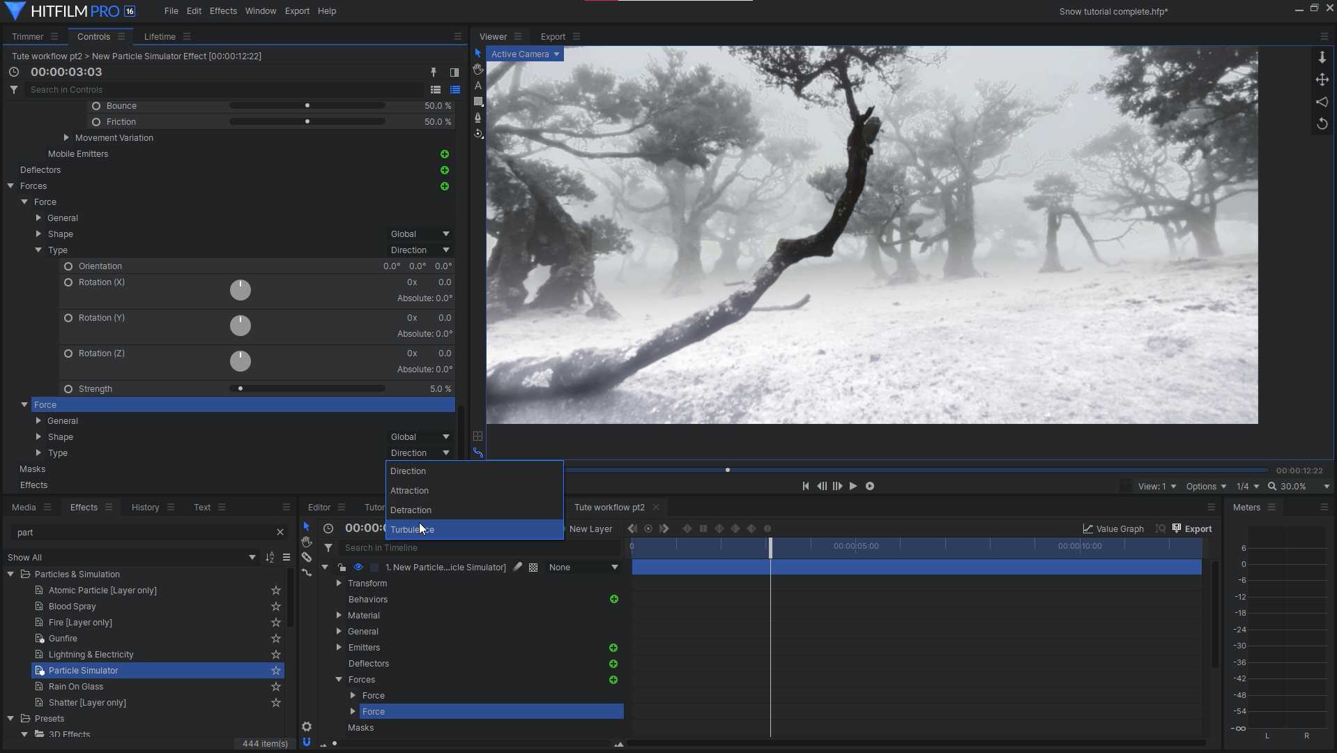 Adding turbulence as a force in the particle simulator - snow VFX tutorial in HitFilm Pro