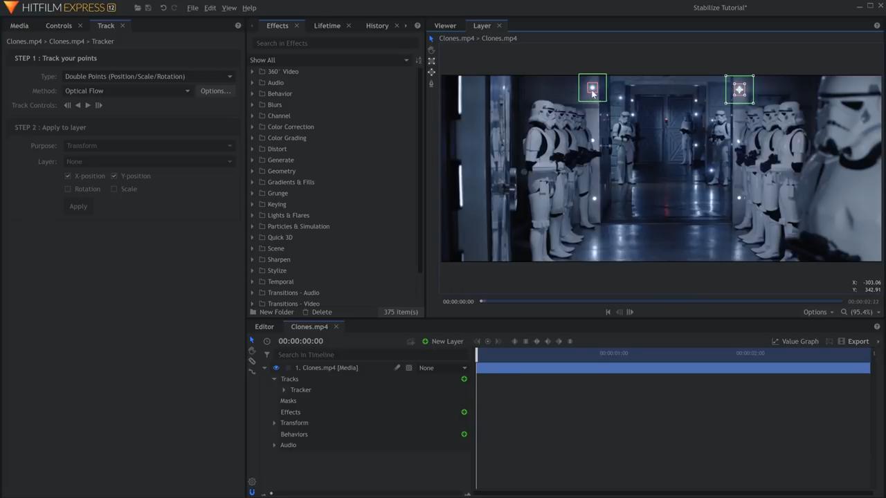 How to stabilize shaky footage in HitFilm Express - inserting Double Point Motion tracking points