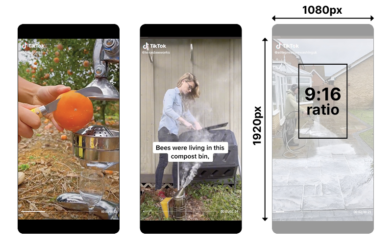 Diagram showing that the most successful TikTok videos are vertical orientation, 1920 x 1080px