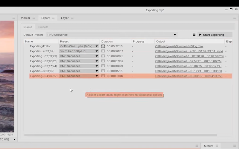 Screenshot showing how to use the Export queue in HitFilm Pro