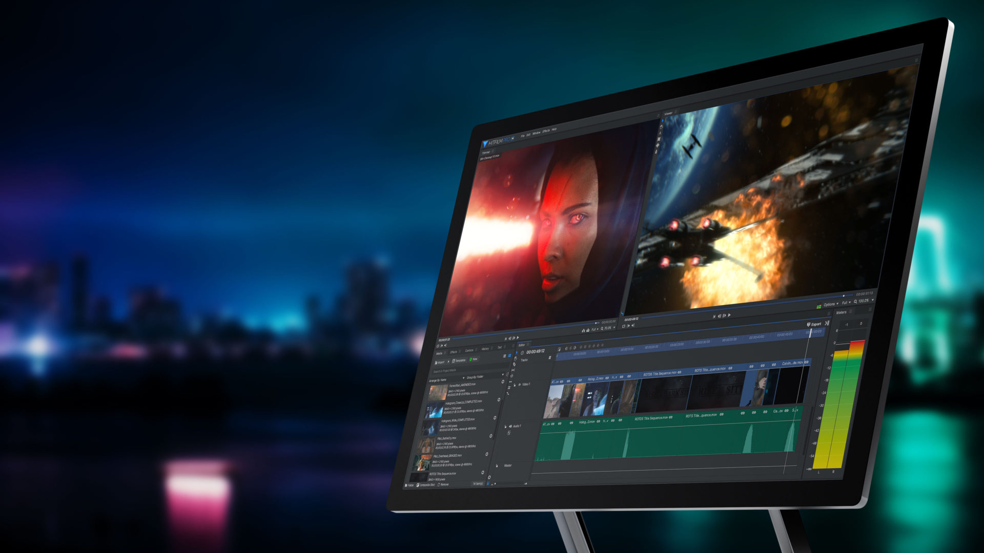 HitFilm Pro interface on touchscreen PC display - Video editing software for filmmaking