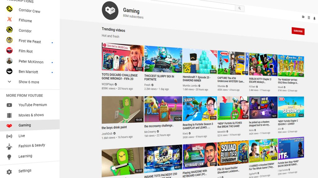 Gaming channels on YouTube